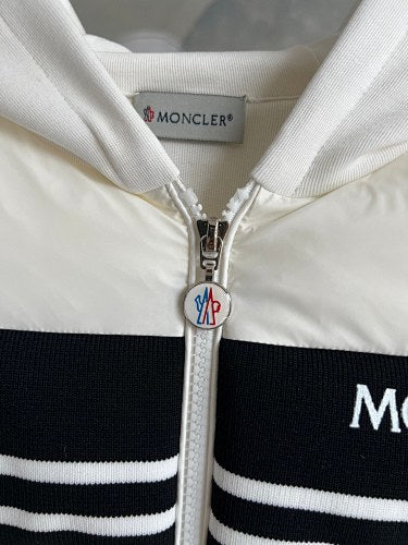 Moncler Hooded Knit-Panel Down Jacket - White with Black Stripes