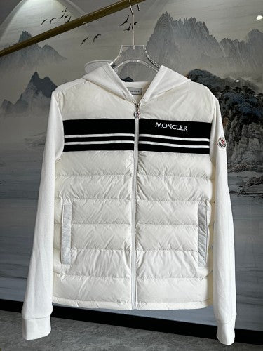 Moncler Hooded Knit-Panel Down Jacket - White with Black Stripes