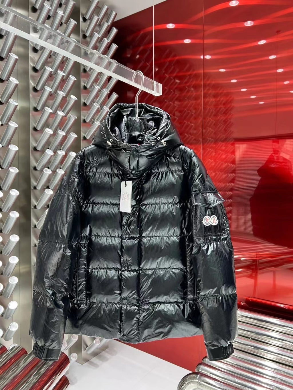 Moncler 70th Anniversary Glossy Hooded Puffer Jacket in Black
