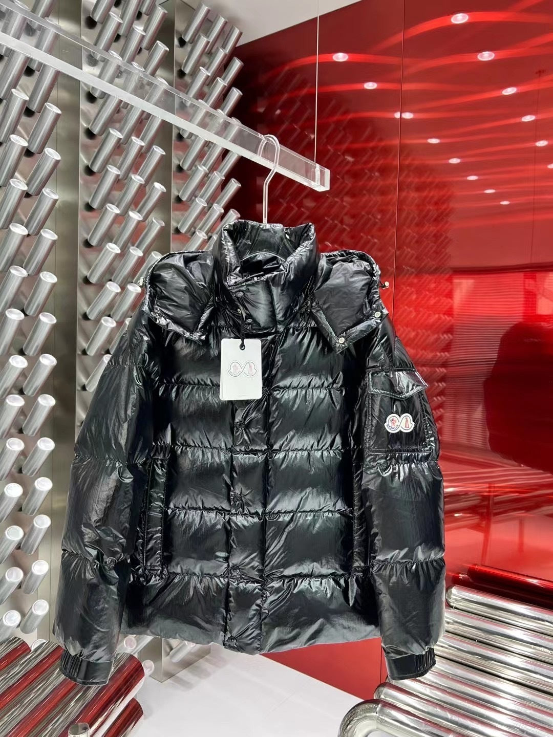 Moncler 70th Anniversary Glossy Hooded Puffer Jacket in Black