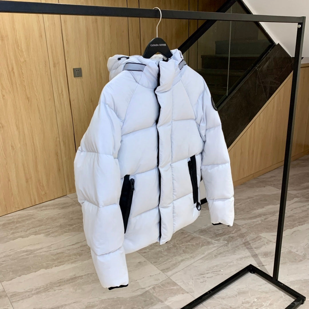 Canada Goose Hooded Puffer Jacket in White with Black Trim