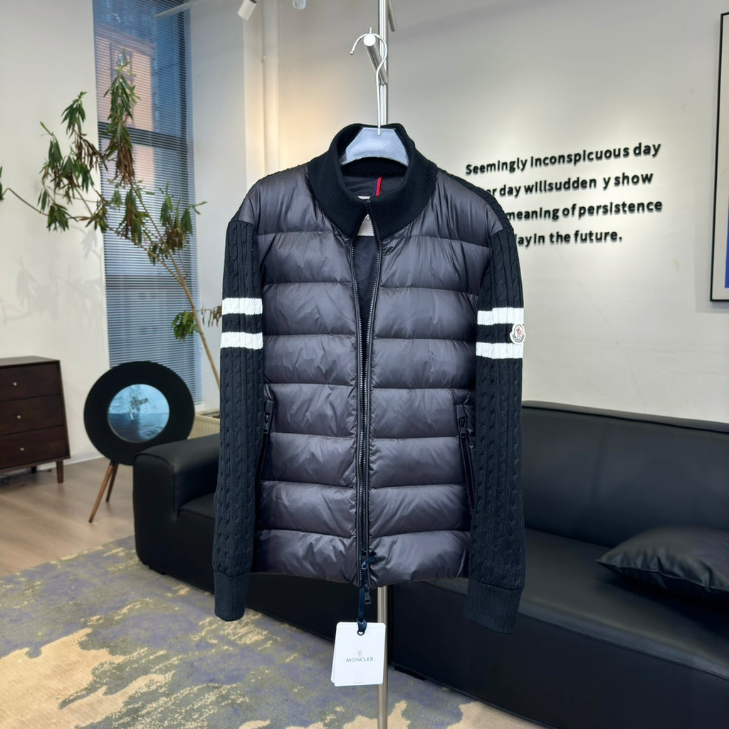 Moncler Quilted-Front Knit Jacket with Striped Sleeves in Black
