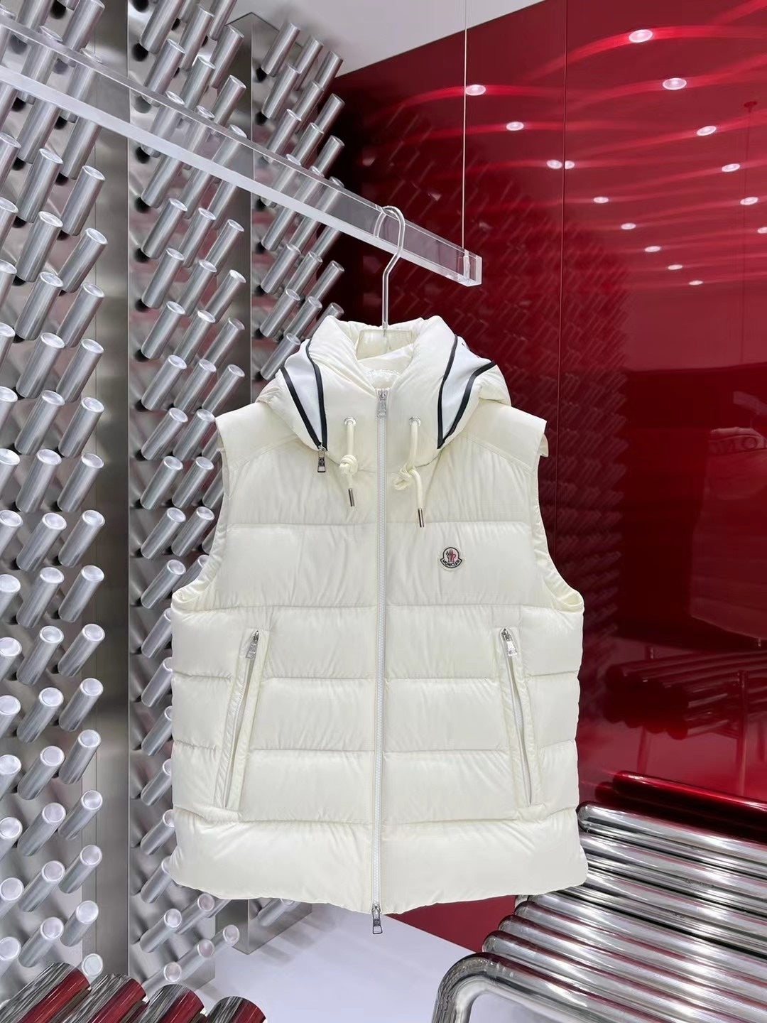 Moncler Hooded Down Vest with Logo Lettering in White