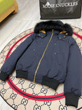 Moose Knuckles Men's Hooded Bomber Jacket in Navy Blue