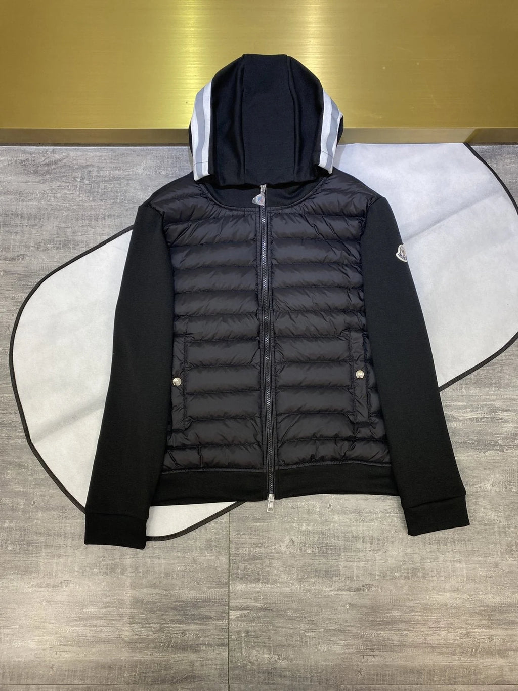 Moncler Hooded Down Jacket with Sweater Sleeves - Black