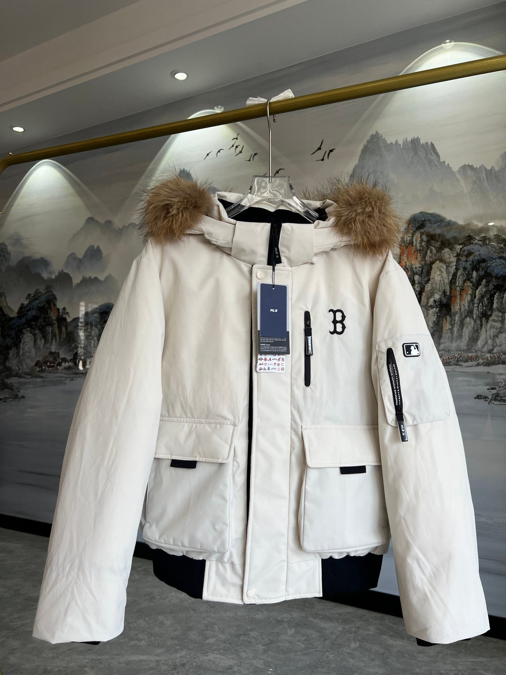 MLB Boston Red Sox Hooded Bomber Jacket in Cream