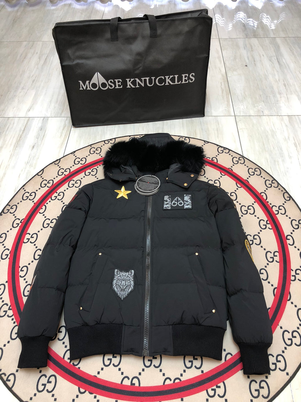 Moose Knuckles Unisex Multi-Patch Hooded Bomber Jacket - Black