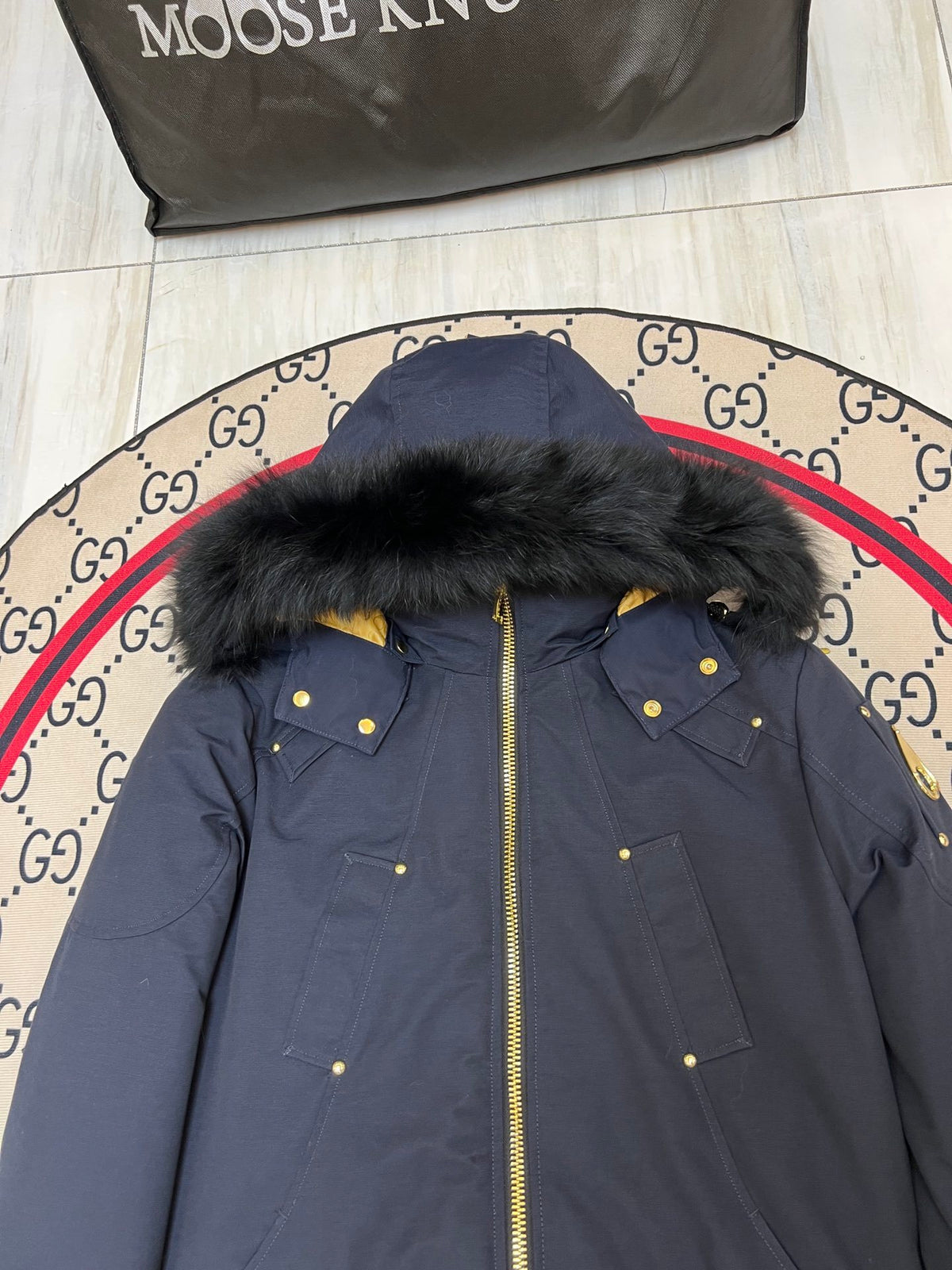 Moose Knuckles Men's Hooded Bomber Jacket in Navy Blue