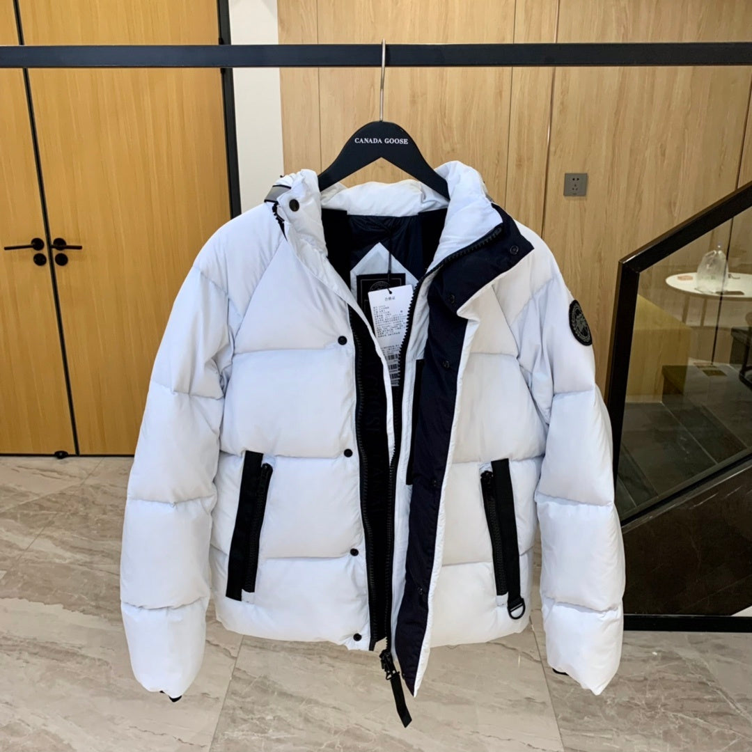 Canada Goose Hooded Puffer Jacket in White with Black Trim