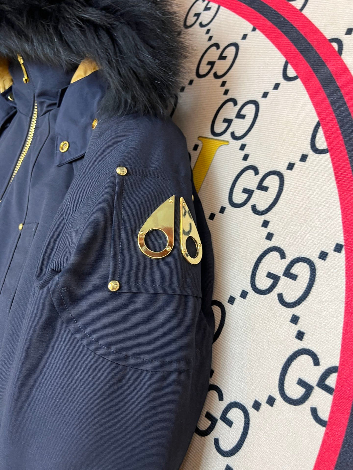 Moose Knuckles Men's Hooded Bomber Jacket in Navy Blue