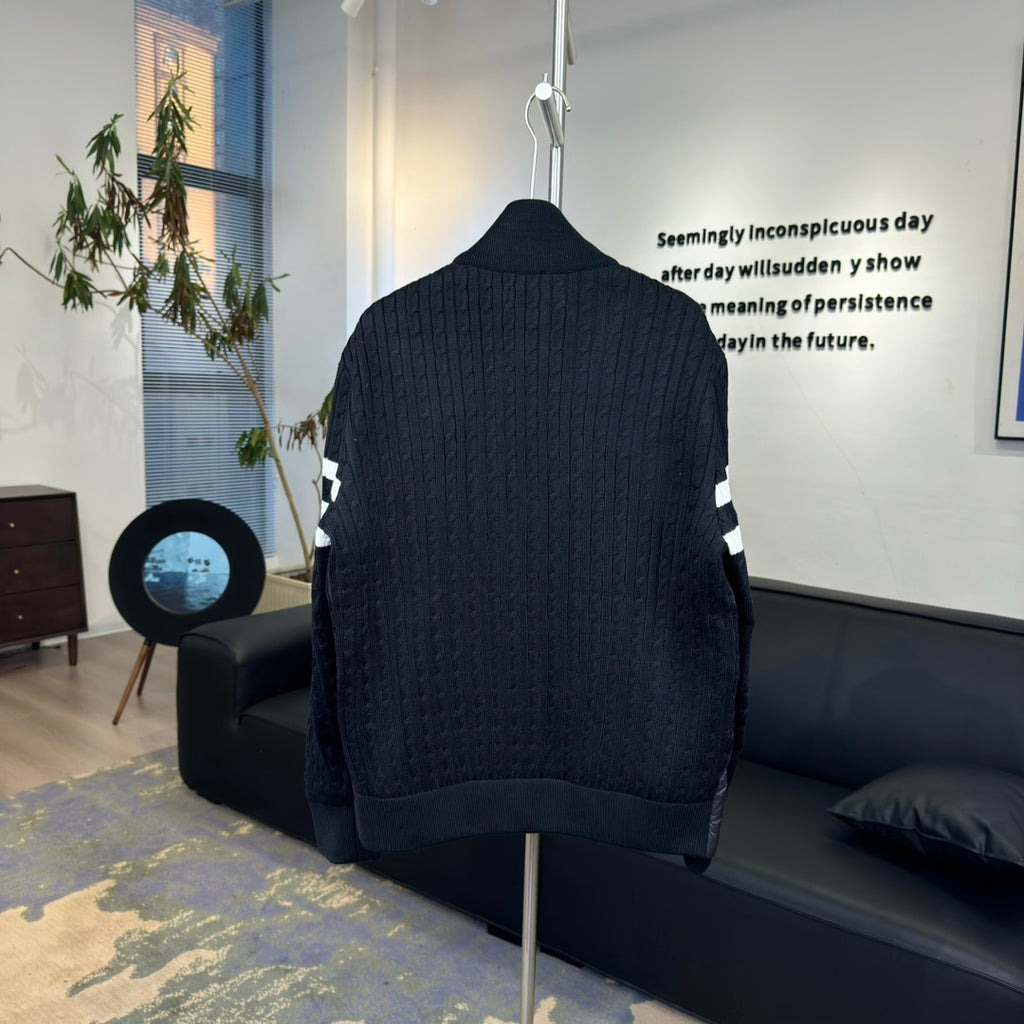 Moncler Quilted-Front Knit Jacket with Striped Sleeves in Black