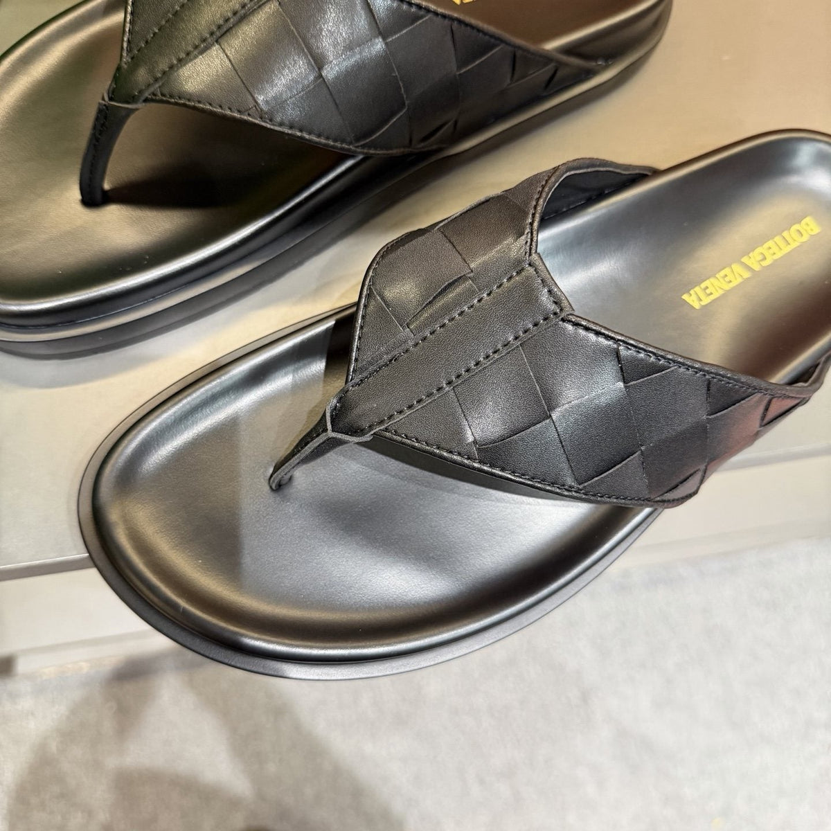 Bottega Veneta Men's Black Woven Thong Sandals